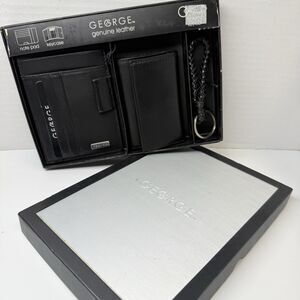 GEORGE Genuine Leather Note Pad Cardholder Key Case Braided Keyfob Gift Set New
